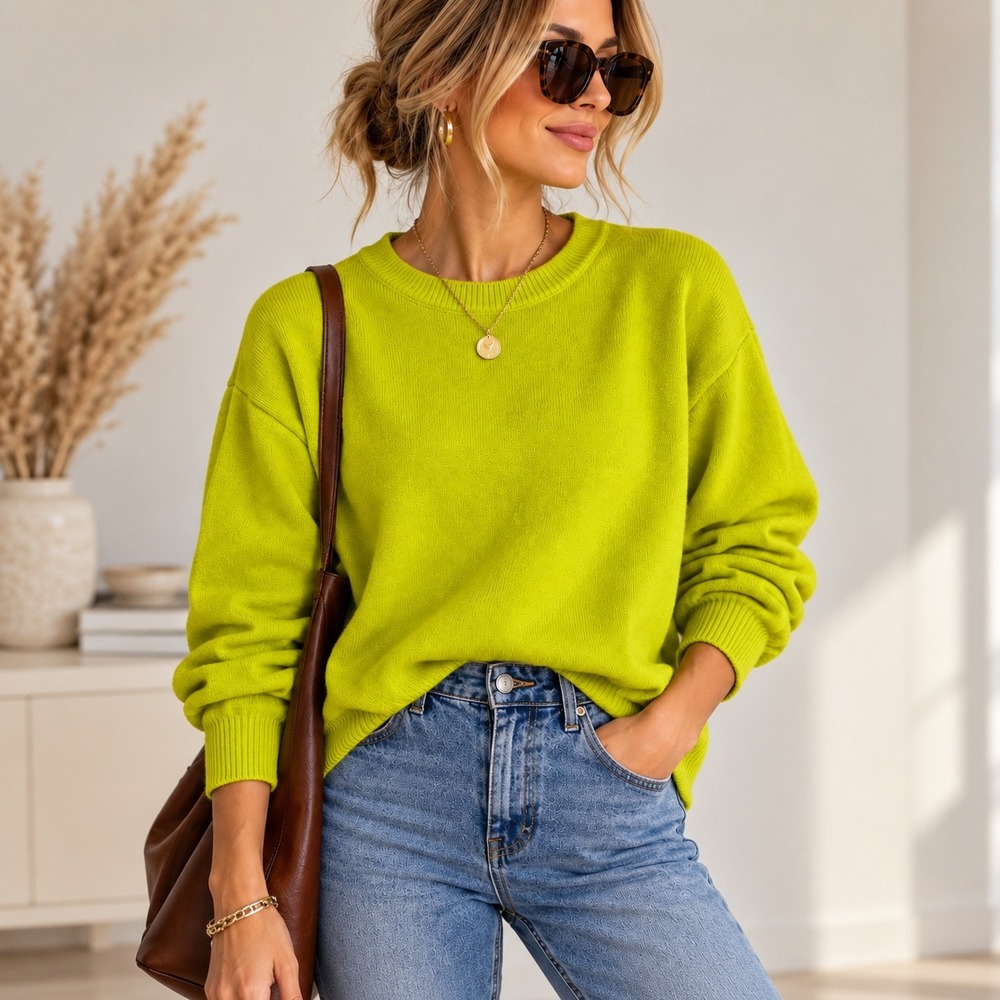 ON 34th Lime Green Crewneck Sweater Medium Bright Chartreuse Minimalist Preppy